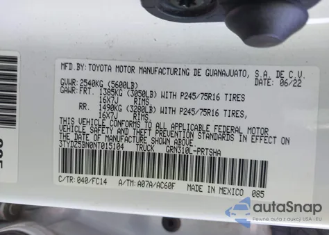 2022 Toyota Tacoma Sr5 V6 из США, поврежденный, VIN 3TYDZ5BN0NT015104